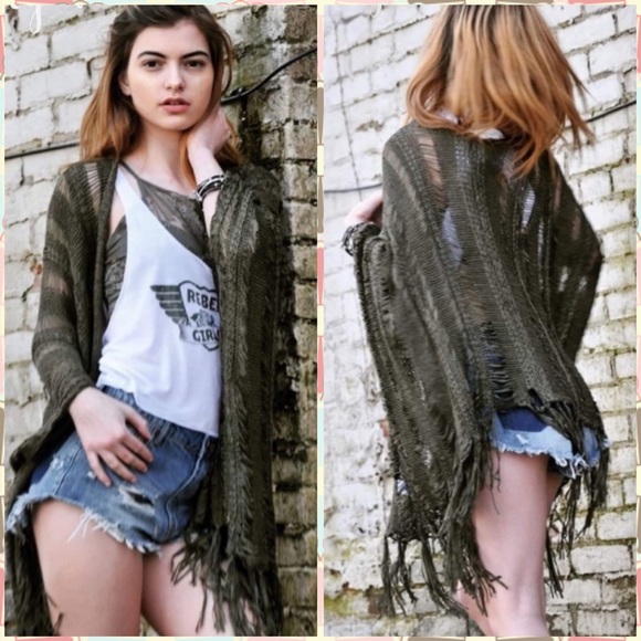 Eclectic Ginger Sweaters - Olive green fringe edge ribboned cardigan Small/Medium S/M